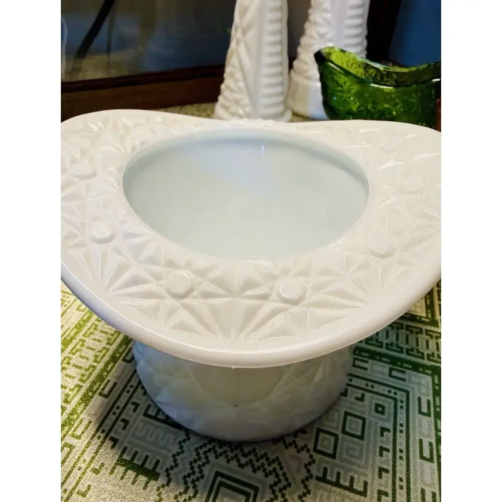 Vintage Milk Glass Top Hat Vase 4.5” Pressed Starburst Geometric Pattern